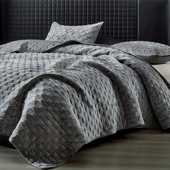 Velvet Quilt Set Gray Textured Basketweave Coverlet Luxury‎ Modern Quiet Luxury - Picture 4 of 4
